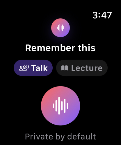 Vokyl on Apple Watch with Talk and Lecture options, a record button, and a Private by default label.