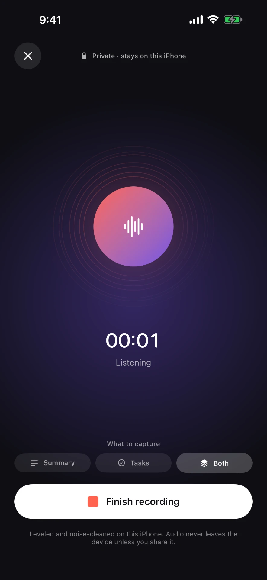 Vokyl recording screen showing a running timer, a Listening label, capture options for Summary, Tasks or Both, and a Finish recording button.