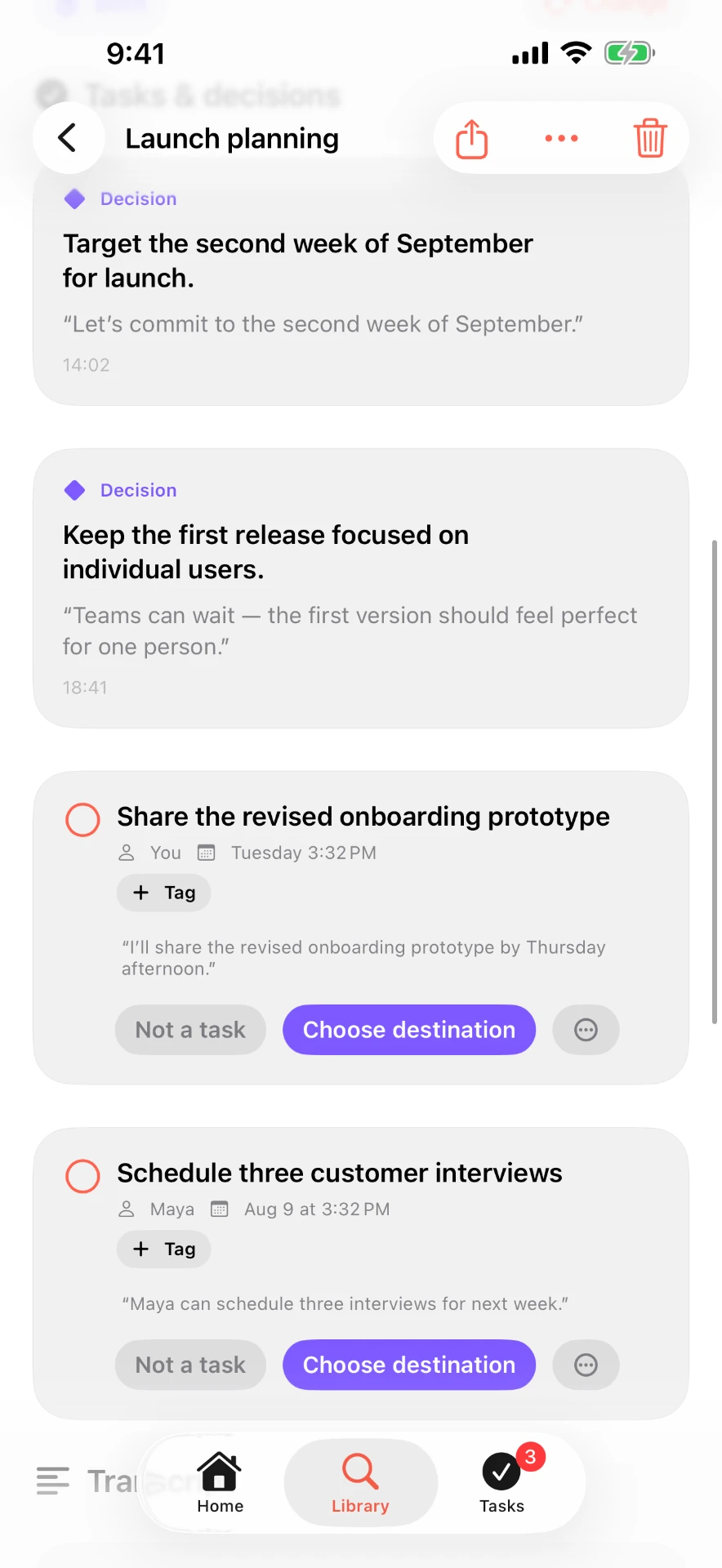 Vokyl conversation detail screen listing decisions and suggested tasks with quoted source lines and approval controls.