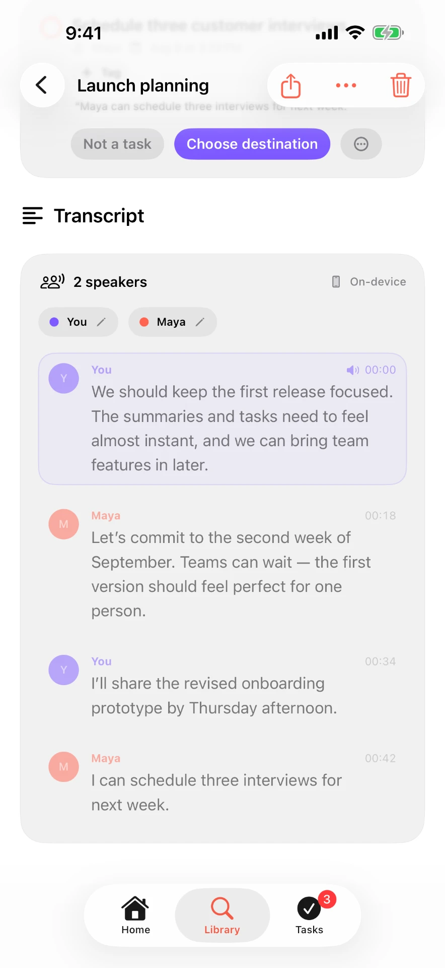 Vokyl transcript screen showing an on-device two-speaker transcript with timestamps.