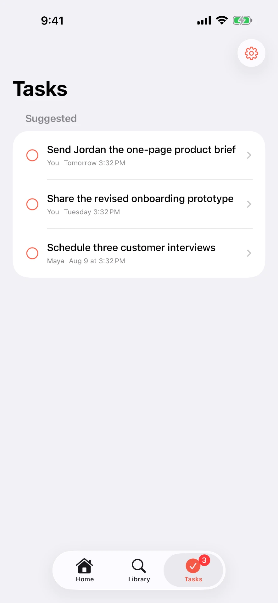 Vokyl Tasks screen listing suggested tasks with owners and due dates.