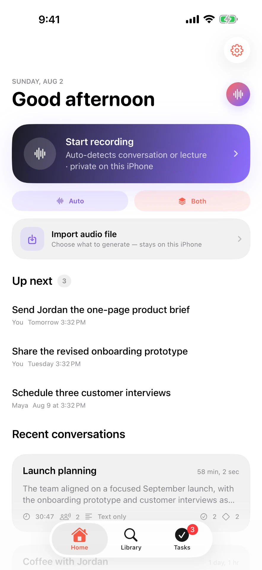 Vokyl home screen on iPhone with a Start recording button, an Up next task list, and recent conversations.