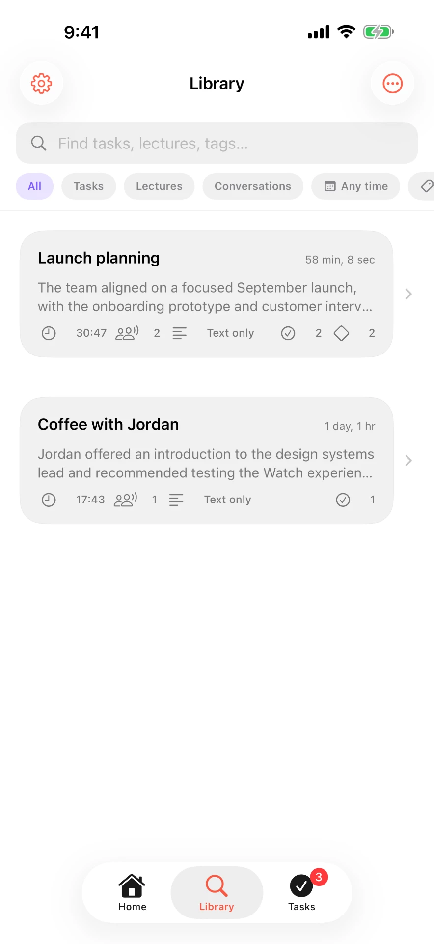 Vokyl Library screen with search, filters for tasks, lectures and conversations, and saved recordings.