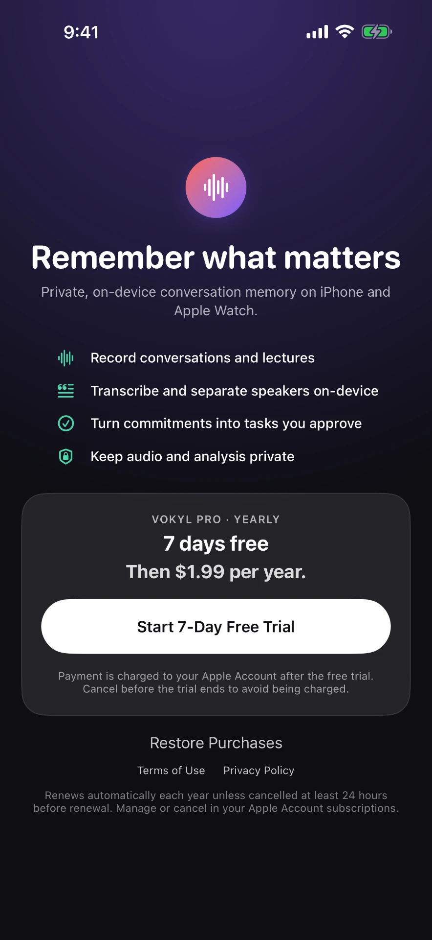 Vokyl Pro subscription screen showing a 7-day free trial, yearly pricing, and Apple Account billing details.